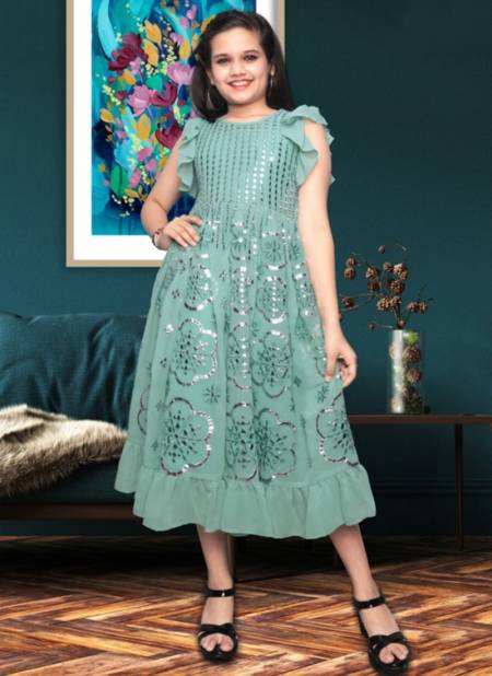 Sea Green Colour WHAT WESTERN stylish Party Wear Georgette embroidery mirror work Frock Kids Girls Wear Collcetion WHAT 02